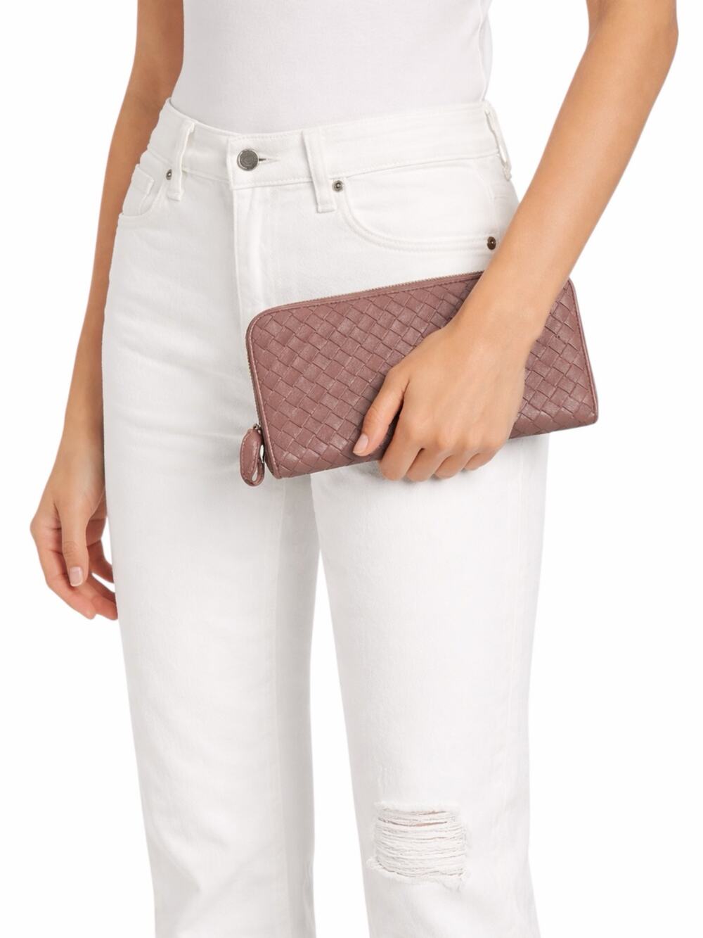 Bottega Veneta Intrecciato Zip Around Long Wallet Leather Weave Light Pink